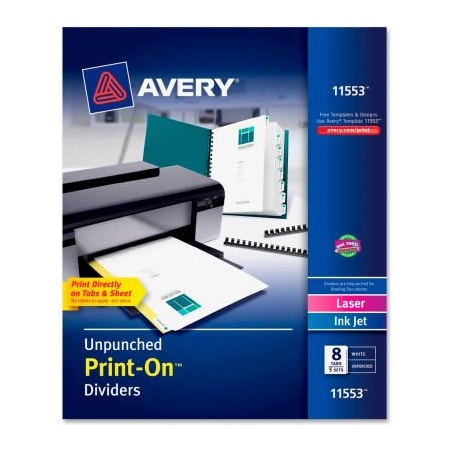 Avery Dennison Avery Customizable Unpunched Print-On Divider, 9.5"x11", 8 Tabs, 5 Sets, White/White 11553